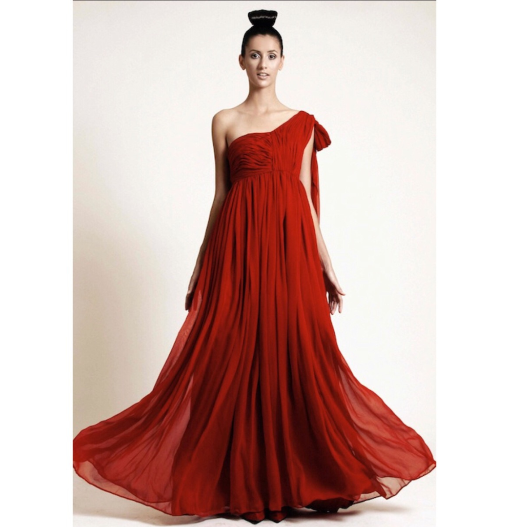 Asymmetric Cut Floor-Length Dress In Soft Red Silk